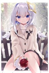 Rule 34 | 1girl, alternate costume, amane kanata, angel wings, apple, asymmetrical hair, blue eyes, blue hair, blue wings, blush, bob cut, closed mouth, coat, colored inner hair, feathered wings, food, fruit, gradient eyes, gray ceon, grey hair, halo, highres, holding, holding food, holding fruit, hololive, looking at viewer, mini wings, multicolored eyes, multicolored hair, on bench, purple eyes, ribbed sweater, short hair, single hair intake, sitting, smile, solo, star halo, sweater, sweater under jacket, turtleneck, turtleneck sweater, virtual youtuber, white wings, wings