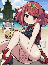 2girls beach breasts large_breasts ma2acworks multiple_girls nia_(fancy_sundress)_(xenoblade) nia_(xenoblade) pyra_(pro_swimmer)_(xenoblade) pyra_(xenoblade) red_eyes red_hair swimsuit xenoblade_chronicles_(series) xenoblade_chronicles_2