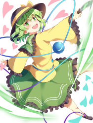 Rule 34 | 1girl, :d, black footwear, black hat, blush, bow, commentary request, green eyes, green hair, green skirt, hat, hat bow, heart, highres, holding, holding knife, knife, komeiji koishi, long sleeves, looking at viewer, nagomian, open mouth, shoes, short hair, skirt, slashing, smile, solo, third eye, touhou, white background, wide sleeves, yellow bow