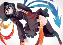 Rule 34 | 1girl, adapted costume, aoi kujira, asymmetrical wings, black dress, black hair, black thighhighs, bow, commentary request, dress, dutch angle, footwear bow, frilled dress, frills, hair between eyes, hood, hood up, hooded dress, houjuu nue, long sleeves, panties, red bow, red eyes, red footwear, shoes, short dress, silver background, simple background, solo, thighhighs, touhou, underwear, white panties, wings
