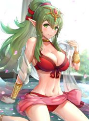 Rule 34 | 1girl, absurdres, arm support, bare shoulders, bikini, blush, bracelet, breasts, cleavage, closed mouth, collarbone, commentary, female focus, fire emblem, fire emblem awakening, fire emblem heroes, gonzarez, green eyes, green hair, highres, jewelry, large breasts, lips, long hair, looking at viewer, matching hair/eyes, midriff, navel, nintendo, official alternate costume, partially submerged, petals, pointy ears, ponytail, red bikini, shiny skin, simple background, sitting, smile, solo, swimsuit, tiara, tiki (adult) (fire emblem), tiki (adult) (summer) (fire emblem), tiki (fire emblem), wariza, water, water drop, wet
