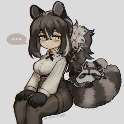 Rule 34 | ..., 1girl, animal ears, animal hands, arknights, artist name, black necktie, black pantyhose, black shorts, breasts, brown hair, collared shirt, cross tie, crossed bangs, ear piercing, feet out of frame, freckles, grey background, hair between eyes, highres, invisible chair, large breasts, long hair, looking at viewer, multicolored hair, necktie, pantyhose, pantyhose under shorts, piercing, ponytail, raccoon ears, raccoon girl, raccoon tail, robin (arknights), sharktuna, shirt, shirt tucked in, shorts, simple background, sitting, solo, speech bubble, spoken ellipsis, streaked hair, tail, white hair, white shirt, yellow eyes