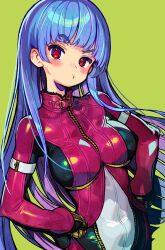 Rule 34 | 1girl, belt, blue hair, blush, bodysuit, breasts, gloves, highres, kula diamond, long hair, looking at viewer, medium breasts, onono imoko, pout, red eyes, simple background, skin tight, solo, the king of fighters, yellow background, zipper