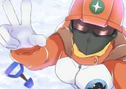 Rule 34 | 1girl, akitsu tombo, breasts, facing viewer, from above, gloves, goggles, hard hat, helmet, long sleeves, looking at viewer, mask, miyake hinata, mouth mask, outdoors, shovel, snow, solo, sora yori mo tooi basho, standing, upper body, w, white gloves, winter clothes