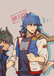 Rule 34 | 2boys, absurdres, black hair, black shirt, blue eyes, blue hair, blue jacket, blue shirt, bruno (yu-gi-oh!), clenched hand, drop shadow, english text, facing to the side, fudo yusei, grey background, grey eyes, hand up, highres, jacket, looking to the side, male focus, multiple boys, open clothes, open jacket, open mouth, pushing, shadow, shirt, short hair, simple background, sleeves rolled up, standing, sweatdrop, white jacket, youko-shima, yu-gi-oh!, yu-gi-oh! 5d&#039;s