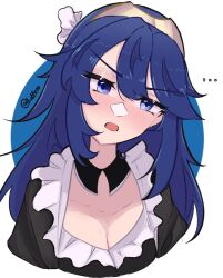 Rule 34 | ..., 1girl, alternate costume, blue eyes, blue hair, breasts, choker, cleavage, commentary, english commentary, fire emblem, fire emblem awakening, hair between eyes, long hair, looking at viewer, lucina (fire emblem), maid, nintendo, open mouth, serafineart1001, small breasts, solo, symbol in eye, tiara, twitter username, upper body