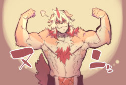 Rule 34 | 1boy, abs, animal ears, arknights, bara, biceps, brown fur, chest hair, dog boy, dog ears, dog tail, double biceps pose, flexing, furry, furry male, highres, horns, hung (arknights), koryuu (gackter10), large pectorals, male focus, medium hair, multicolored hair, muscular, navel, nipples, orange eyes, orange hair, pectorals, single horn, smug, solo, streaked hair, tail, thick thighs, thighs, topless male, two-tone fur, upper body, white fur, white hair