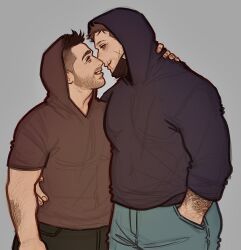 Rule 34 | 2boys, arm hair, artist request, bara, beard, call of duty, call of duty: modern warfare 2, couple, cross scar, denim, eye contact, facial hair, feet out of frame, from side, ghost (modern warfare 2), hand on another&#039;s waist, height difference, highres, hood, hood up, jeans, large pectorals, looking at another, male focus, mask, mature male, multiple boys, muscular, muscular male, mustache, no mask, pants, pectorals, scar, short hair, skull mask, smile, soap (modern warfare 2), undercut, yaoi