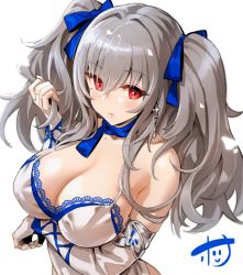Rule 34 | 1girl, arms under breasts, azur lane, bare shoulders, breasts, cleavage, cross, cross earrings, detached sleeves, dress, earrings, female focus, grey hair, hair ribbon, hori (hori no su), jewelry, large breasts, looking at viewer, mole, mole under eye, official alternate costume, red eyes, ribbon, saint-louis (azur lane), saint-louis (holy knight&#039;s resplendence) (azur lane), simple background, solo, twintails, upper body, white dress