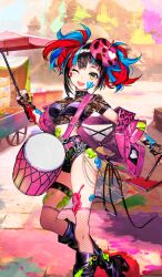 1girl animal_print arm_warmers beret black_hair black_shorts blue_hair bra crop_top drum fate/grand_order fate_(series) fishnet_thighhighs fishnets hat instrument jacket jewelry leopard_print looking_at_viewer midriff mika_pikazo multicolored_hair off_shoulder official_art one_eye_closed open_clothes open_jacket open_mouth paint_splatter paint_splatter_on_face pink_hat pink_jacket red_hair sei_shounagon_(event_portrait)_(fate) sei_shounagon_(fate) short_shorts shorts smile solo standing thigh_strap thighhighs thighlet twintails underwear