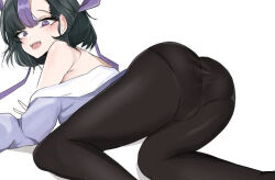 Rule 34 | aa (tfze5438), all fours, ass, black hair, black pantyhose, blush, from behind, goddess of victory: nikke, hair ribbon, jacket, mole, mole under eye, multicolored hair, off-shoulder jacket, off shoulder, pantyhose, purple eyes, purple hair, purple jacket, ribbon, short hair, simple background, streaked hair, syuen (nikke), two-tone hair, white background