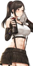 Rule 34 | 1girl, absurdres, alternate hairstyle, blush, breasts, brown hair, cleavage, final fantasy, final fantasy vii, final fantasy vii remake, highres, large breasts, legs, lipstick, makeup, midriff, navel, ponytail, red eyes, skirt, solo, square enix, sweat, tank top, thighs, tifa lockhart, toned