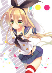 Rule 34 | 10s, 1girl, :&lt;, bad id, bad pixiv id, blonde hair, blush, elbow gloves, female focus, gloves, green eyes, hairband, kantai collection, long hair, looking at viewer, patterned legwear, personification, pleated skirt, sailor collar, sakura yuzuna, shimakaze (kancolle), skirt, socks, solo, striped clothes, striped socks, striped thighhighs, sumisaki yuzuna, thighhighs, two-tone stripes, v, white gloves