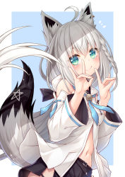 Rule 34 | 1girl, absurdres, ahoge, animal ear fluff, animal ears, aqua eyes, bare shoulders, belt, blue background, blue neckerchief, blush, braid, breasts, closed mouth, commentary request, cowboy shot, detached sleeves, double fox shadow puppet, earrings, fox ears, fox girl, fox shadow puppet, fox tail, hair between eyes, highres, hololive, jewelry, long sleeves, looking at viewer, medium breasts, medium hair, midriff, navel, neckerchief, notice lines, pentagram, shirakami fubuki, shirakami fubuki (1st costume), short shorts, shorts, sidelocks, silver hair, simple background, single braid, smile, solo, tail, virtual youtuber, wakagi repa