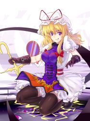 Rule 34 | 1girl, :p, bad id, bad pixiv id, black gloves, blonde hair, bow, breasts, brown thighhighs, dress, female focus, gap (touhou), gloves, hair bow, hat, highres, koissa, long hair, medium breasts, purple eyes, qq3099wind, ribbon, sign, smile, solo, sword, thighhighs, tongue, tongue out, touhou, weapon, yakumo yukari