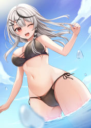 Rule 34 | 1girl, ;d, bare arms, bare shoulders, bikini, black bikini, braid, breasts, cameltoe, cleavage, day, grey hair, groin, highres, hololive, large breasts, long hair, looking at viewer, miyagi ratona, multicolored hair, navel, one eye closed, open mouth, outdoors, red eyes, sakamata chloe, side-tie bikini bottom, smile, solo, standing, stomach, streaked hair, string bikini, sunlight, swimsuit, thighs, virtual youtuber, wading, wet