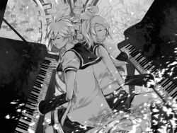Rule 34 | 1boy, 1girl, 2pianos, bad id, bad pixiv id, brother and sister, detached sleeves, duet, closed eyes, grand piano, greyscale, hair ornament, hair ribbon, hairclip, headset, instrument, kagamine len, kagamine rin, monochrome, music, piano, ribbon, siblings, singing, soriku, twins, vocaloid