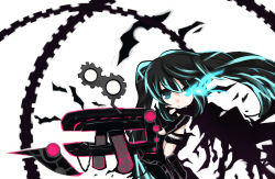 Rule 34 | 10s, 1girl, arm cannon, bad id, bad pixiv id, belt, bikini, bikini top only, black hair, black rock shooter, black rock shooter (character), blue eyes, boots, chibi, female focus, flat chest, front-tie top, gears, glowing, glowing eyes, jacket, knee boots, komaki, long hair, midriff, pale skin, short shorts, shorts, smile, solo, swimsuit, twintails, uneven twintails, very long hair, weapon, white background
