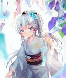 Rule 34 | 1girl, ayaka (genshin impact), blue eyes, blue flower, blue rose, blurry, blurry foreground, closed mouth, commentary request, depth of field, flower, genshin impact, grey background, grey hair, grey kimono, hair flower, hair ornament, hand up, holding, japanese clothes, kimono, long hair, long sleeves, obi, ponytail, purple flower, rose, sash, shirogane hina, smile, solo, very long hair, wide sleeves, wind chime