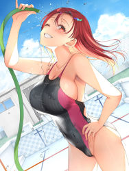 Rule 34 | 1girl, asahina hikage, blue sky, breasts, cleavage, cloud, collarbone, commentary request, competition swimsuit, covered erect nipples, covered navel, day, dutch angle, empty pool, grin, hand on own hip, highres, hose, large breasts, long hair, one-piece swimsuit, original, outdoors, pool, red eyes, red hair, sky, smile, solo, swimsuit, water