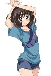 Rule 34 | 1girl, akiyama yukari, arms up, blue shirt, blue shorts, blush, brown eyes, brown hair, casual, closed mouth, commentary, cowboy shot, cutoffs, fanny pack, girls und panzer, highres, light blush, looking at viewer, messy hair, monochrome, own hands together, shirt, short hair, short shorts, short sleeves, shorts, simple background, smile, solo, standing, t-shirt, wakku kan, white background