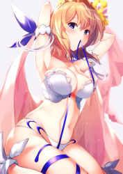 Rule 34 | 1girl, 40 (0f0urw), absurdres, armpits, bikini, blonde hair, blue eyes, blue ribbon, blush, breasts, cleavage, commentary request, europa (granblue fantasy), europa (summer) (granblue fantasy), flower, granblue fantasy, hair flower, hair ornament, highres, kneeling, large breasts, looking at viewer, mouth hold, rei no himo, ribbon, short hair, solo, strapless, strapless bikini, swimsuit, white bikini