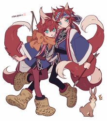 Rule 34 | 2boys, ^^^, amagi hiiro, amagi rinne, animal ears, arrow (projectile), bad id, bad pixiv id, black pantyhose, blue eyes, blue headband, blue jacket, blue shirt, boots, brown footwear, closed mouth, ensemble stars!, fox boy, fox ears, fox tail, full body, hair between eyes, headband, holding, holding arrow, jacket, long sleeves, looking at viewer, male focus, meremero, multiple boys, open mouth, orange scarf, pantyhose, purple pantyhose, rabbit, red hair, scarf, shirt, short hair, standing, standing on one leg, tail, white background