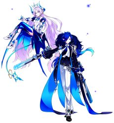 Rule 34 | 1boy, 1girl, armor, artist request, belt, black footwear, black shirt, blue eyes, blue hair, blue skirt, blue thighhighs, boots, chevalier (elsword), ciel (elsword), closed mouth, dual wielding, elbow gloves, elsword, floating, full body, gloves, gun, holding, holding gun, holding weapon, horns, ishtar (elsword), knee boots, long hair, looking at viewer, luciela r. sourcream, official art, pants, pauldrons, pointy ears, shirt, shoes, shoulder armor, silver hair, single pauldron, skirt, smile, standing, thighhighs, thighhighs under boots, transparent background, weapon, white footwear, white gloves, white neckwear, white pants, zettai ryouiki