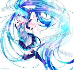 Rule 34 | 10s, 1girl, 2015, absurdly long hair, arm up, bad id, bad pixiv id, black footwear, black thighhighs, blue eyes, blue hair, boots, character name, dated, detached sleeves, hand on own chest, hatsune miku, headset, highres, kisaragi yuu (fallen sky), long hair, looking at viewer, matching hair/eyes, nail polish, necktie, open mouth, outstretched arm, simple background, skirt, solo, thigh boots, thighhighs, twintails, very long hair, vocaloid, white background, zettai ryouiki