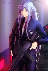 Rule 34 | 1girl, 3 small spiders, absurdres, ak-12, ak-12 (girls&#039; frontline), ak-12 (lucia) (girls&#039; frontline), artificial eyes, assault rifle, blouse, business suit, collarbone, formal, girls&#039; frontline, gun, hallway, hand on own hip, highres, holding, holding gun, holding weapon, jacket, kalashnikov rifle, long hair, looking at viewer, necktie, ponytail, purple eyes, red shirt, rifle, shaded face, shirt, silver hair, solo, suit, suit jacket, weapon