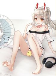 Rule 34 | 1girl, arm support, ayanami (azur lane), ayanami (niconico) (azur lane), azur lane, bad id, bad pixiv id, bandage on face, bandages, bare shoulders, barefoot, bird, blush, breasts, brown hair, chick, commentary, convenient censoring, electric fan, furrowed brow, grey hair, headphones, highres, kurohikage, no panties, off-shoulder shirt, off shoulder, open mouth, ponytail, shirt, short sleeves, sitting, small breasts, solo, white background, white shirt