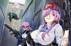 Rule 34 | 2girls, arm tattoo, ascot, assault rifle, black gloves, blue jacket, breasts, card, checkered ascot, checkered clothes, checkered neckwear, dual persona, earrings, eyewear on head, girls&#039; frontline, gloves, gun, hair ornament, hair over one eye, hairclip, heart, heart earrings, highres, holding, holding gun, holding weapon, jacket, unworn jacket, jewelry, large breasts, long hair, looking at viewer, multiple girls, neck tattoo, pink eyes, pink hair, rifle, safety glasses, see-through, shirt, sig mcx (girls&#039; frontline), sig mcx, tarutaru gungun, tattoo, trigger discipline, weapon, wet, wet clothes, wet shirt