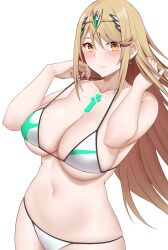 Rule 34 | 1girl, arind yudha, bikini, blonde hair, blush, breasts, cleavage, closed mouth, earrings, hair ornament, hands up, highres, jewelry, large breasts, long hair, mythra (radiant beach) (xenoblade), mythra (xenoblade), navel, simple background, smile, solo, stomach, swimsuit, white background, white bikini, xenoblade chronicles (series), xenoblade chronicles 2, yellow eyes
