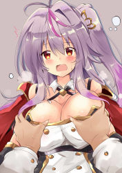 Rule 34 | 1girl, azur lane, blush, grabbing another&#039;s breast, breasts, buttons, collarbone, commentary request, grabbing, grenville (azur lane), grey background, hair between eyes, highres, jacket, large breasts, long hair, open mouth, orange eyes, portrait, pov, pov hands, purple hair, side ponytail, simple background, solo focus, sweatdrop, tonchinkan