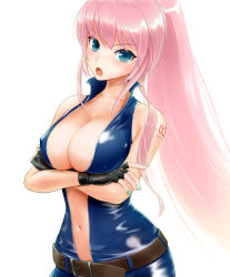 Rule 34 | 1girl, :o, alternate hairstyle, aqua nails, arm tattoo, bad id, bad pixiv id, bare shoulders, belt, black gloves, blue eyes, blush, breast hold, breasts, center opening, cleavage, company connection, comugico, cosplay, covered erect nipples, crossed arms, fingernails, gloves, hand on own arm, holding own arm, large breasts, long hair, looking at viewer, megurine luka, nail polish, navel, number tattoo, pink hair, ponytail, sarah bryant, sarah bryant (cosplay), sega, shiny skin, sidelocks, simple background, skin tight, solo, stomach, tattoo, upper body, very long hair, virtua fighter, vocaloid, white background