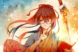 Rule 34 | 1boy, ;|, blue background, blue jacket, book, brown kimono, bungou to alchemist, chain, closed mouth, facing viewer, falling petals, floral print, folded fan, folding fan, glasses, gradient background, gradient clothes, gradient jacket, hair between eyes, hair ornament, hair ribbon, hand fan, haori, holding, holding book, holding fan, jacket, japanese clothes, katana, kimono, long hair, male focus, one eye closed, open book, petals, planted, planted sword, planted weapon, ponytail, red eyes, red jacket, red ribbon, ribbon, round eyewear, serious, sideways glance, solo, sorami so, sword, tassel, tassel hair ornament, tsubouchi shouyou (bungou to alchemist), upper body, weapon, wind, yellow background