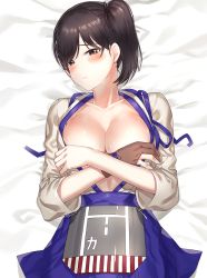 Rule 34 | 1girl, blue hakama, blush, breasts, brown eyes, brown hair, commentary request, covering privates, covering breasts, crossed arms, gloves, hakama, hakama skirt, japanese clothes, kaga (kancolle), kantai collection, kfr, large breasts, long sleeves, looking at viewer, on bed, open clothes, partially fingerless gloves, partly fingerless gloves, revision, short hair, side ponytail, single glove, skirt, solo, sweat, tasuki, yugake