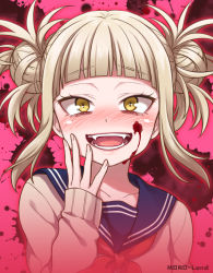 Rule 34 | 10s, 1girl, :d, artist name, bags under eyes, blonde hair, blood, blood on face, blood splatter, blush, boku no hero academia, cardigan, double bun, fangs, hand on own face, looking at viewer, mono land, open mouth, pink background, red neckwear, sailor collar, school uniform, serafuku, short twintails, simple background, slit pupils, smile, solo, teeth, toga himiko, twintails, upper body, yandere trance, yellow eyes