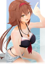 Rule 34 | 1girl, absurdres, adapted costume, bikini, black bikini, breasts, brown eyes, brown hair, cleavage, commentary request, cowboy shot, fang, hair flaps, hairband, highres, kantai collection, long hair, looking at viewer, low ponytail, low twintails, medium breasts, red hairband, shiratsuyu (kancolle), shiratsuyu kai ni (kancolle), short ponytail, shorts, skin fang, solo, swimsuit, terebi-, thong bikini, twintails, whale tail (clothing), whistle, whistle around neck, white shorts