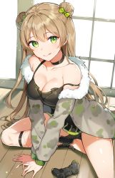 Rule 34 | 1girl, absurdres, bare shoulders, black choker, black dress, bow, breasts, brown hair, camouflage, camouflage jacket, choker, cleavage, collarbone, double bun, dress, fishnet legwear, fishnets, fur trim, girls&#039; frontline, green eyes, hair bow, hair bun, highres, jacket, long hair, long sleeves, looking at viewer, medium breasts, off shoulder, on floor, open clothes, open jacket, playstation controller, rfb (girls&#039; frontline), rikoma, shoes, sitting, smile, solo, spaghetti strap, strap slip, thighs, tongue, tongue out, very long hair