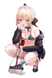 Rule 34 | 1girl, apron, arm rest, artoria pendragon (alter swimsuit rider) (fate), artoria pendragon (fate), bare shoulders, bikini, black bikini, black footwear, black jacket, blonde hair, blush, breasts, broom, collarbone, commentary request, fate/grand order, fate (series), frilled bikini, frills, full body, green eyes, hair ribbon, hand on own chin, highres, holding, jacket, long hair, long sleeves, looking at viewer, maid apron, medium breasts, neck ribbon, off-shoulder jacket, off shoulder, ribbon, shoes, short hair, simple background, solo, squatting, suigetsu (hjs1106), swimsuit, tongue, tongue out, white background