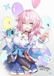 Rule 34 | 1girl, ;d, absurdres, artist name, balloon, blue eyes, blue skirt, breasts, buttons, camera, chinese commentary, collarbone, collared shirt, commentary request, confetti, dated, gradient eyes, hair between eyes, hanghan, highres, holding, holding camera, honkai: star rail, honkai (series), jacket, long sleeves, looking at viewer, march 7th (honkai: star rail), medium breasts, medium hair, multicolored eyes, one eye closed, open mouth, pink eyes, pink hair, pleated skirt, shirt, skirt, smile, solo, teeth, tied jacket, two-tone eyes, upper teeth only, v, white shirt