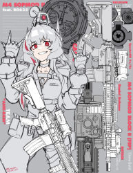 Rule 34 | 1girl, \m/, absurdres, arms up, assault rifle, belt, belt buckle, belt pouch, buckle, choker, commentary, english text, fang, fingerless gloves, girls&#039; frontline, gloves, grey background, greyscale, grin, gun, hands up, headgear, highres, jacket, long hair, long sleeves, looking at viewer, m4 carbine, m4 sopmod ii, m4 sopmod ii (girls&#039; frontline), m4 sopmod ii (mod3) (girls&#039; frontline), mechanical arms, minata (axl19941120), mod3 (girls&#039; frontline), monochrome, multicolored hair, pouch, red eyes, red hair, rifle, single mechanical arm, smile, solo, streaked hair, upper body, watch, weapon, wristwatch