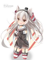 Rule 34 | 1girl, amatsukaze (kancolle), black choker, brown dress, brown eyes, character name, choker, commentary request, copyright name, diagonal stripes, dress, full body, garter straps, hair between eyes, hair tubes, hat, head tilt, highres, kantai collection, kneeling, kushida you, lifebuoy, long hair, long sleeves, looking at viewer, mini hat, open mouth, red thighhighs, sailor collar, sailor dress, short dress, silver hair, simple background, single stripe, smokestack, solo, striped, swim ring, tears, thighhighs, two side up, v-shaped eyebrows, very long hair, white background, white sailor collar