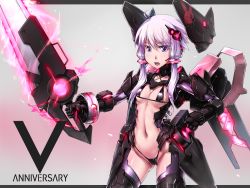 Rule 34 | &gt;:o, 1girl, :o, ahoge, animal print, anniversary, armor, black bra, black gloves, black panties, bra, breasts, cameltoe, clenched hand, cocytus (wind master), commentary request, cowboy shot, crescent, criss-cross halter, english text, eyelashes, gloves, glowing, glowing sword, glowing weapon, gluteal fold, grey background, hair ornament, halterneck, headgear, headphones, headset, holding, holding sword, holding weapon, legs apart, letterboxed, looking at viewer, mechanical wings, medium breasts, micro bra, micro panties, navel, open mouth, outside border, panties, purple eyes, purple hair, purple legwear, rabbit print, roman numeral, shiny clothes, short hair with long locks, skin tight, solo, standing, stomach, string bra, string panties, sword, underboob, underwear, v-shaped eyebrows, vocaloid, voiceroid, weapon, wings, yuzuki yukari