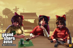 Rule 34 | 3girls, ak-47, assault rifle, benikurage (cookie), black hair, bottle, bow, brown eyes, brown hair, bus stop, bus stop sign, cigarette, cirno, cirno (cookie), closed mouth, cloud, collared shirt, commentary request, cookie (touhou), cup, fence, frilled bow, frills, grand theft auto, grand theft auto: san andreas, gun, hair bow, hair tubes, hakurei reimu, highres, holding, holding gun, holding weapon, kalashnikov rifle, looking at viewer, looking to the side, medium hair, megafaiarou (talonflame 810), multiple girls, open mouth, red bow, red eyes, red shirt, reu (cookie), rifle, sake bottle, sananana (cookie), shirt, short hair, sitting, sky, smoking, sunglasses, t-shirt, table, touhou, upper body, utility pole, wand, weapon, yellow shirt, yellow sky, yin yang, yunomi