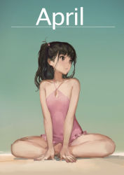Rule 34 | 1girl, april, bad id, bad pixiv id, bare shoulders, barefoot, black eyes, black hair, blush, casual one-piece swimsuit, full body, halterneck, hjl, indian style, long hair, one-piece swimsuit, original, pink one-piece swimsuit, side ponytail, simple background, sitting, solo, swimsuit