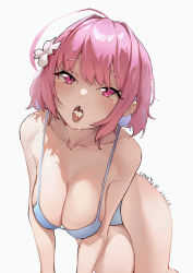 Rule 34 | 1girl, absurdres, ahoge, all fours, artist name, bare shoulders, blue bra, blue panties, blush, bob cut, bra, breasts, cleavage, collarbone, colored inner hair, cum, cum in mouth, cyan yu, dated, dot nose, eyelashes, fang, flower, hair flower, hair intakes, hair ornament, highres, huge ahoge, idolmaster, idolmaster cinderella girls, idolmaster cinderella girls starlight stage, large breasts, looking at viewer, multicolored hair, open mouth, panties, pink eyes, pink hair, purple hair, raised eyebrows, signature, simple background, solo, tearing up, tears, thighs, tongue, tongue out, two-tone hair, underwear, white background, yumemi riamu