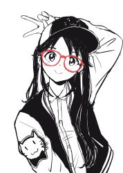Rule 34 | 1girl, absurdres, arm at side, arm behind head, arm up, baseball cap, blush, closed mouth, collared shirt, commentary request, dress shirt, glasses, greyscale, hat, highres, idolmaster, idolmaster shiny colors, jacket, kajino (aosansai), letterman jacket, long hair, long sleeves, looking at viewer, mitsumine yuika, monochrome, red-framed eyewear, shirt, simple background, smile, solo, spot color, upper body, v, white background