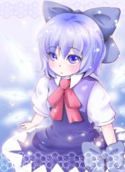 Rule 34 | 1girl, blue dress, blue eyes, blue hair, blue ribbon, blush, bow, bowtie, cirno, dress, dress shirt, hair bow, highres, ice, ice wings, looking up, manatee-lettuce, matching hair/eyes, puffy short sleeves, puffy sleeves, red ribbon, ribbon, shirt, short hair, short sleeves, skirt, smile, snow, snowing, solo, touhou, white shirt, wings